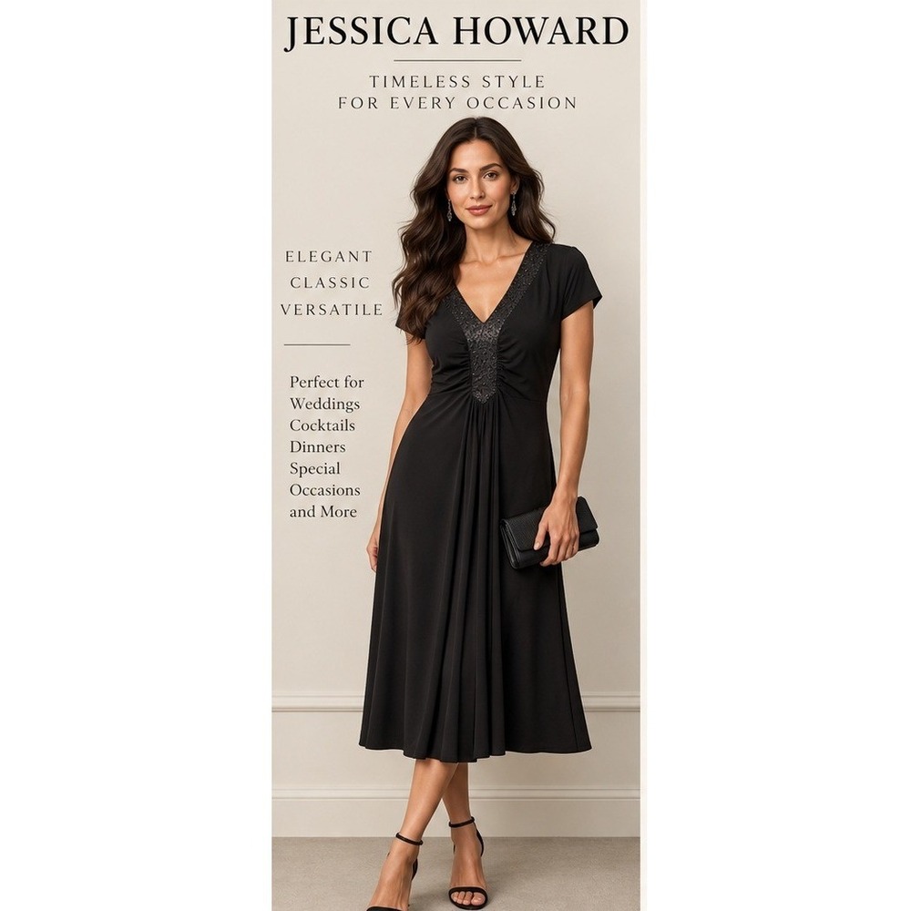 Jessica Howard Dress Women 12 Cocktail Party Formal Black Beaded Sequin Midi